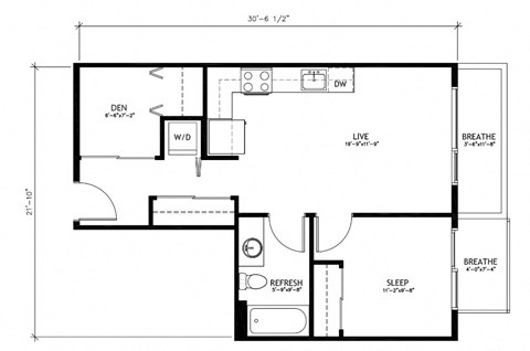 Floor plan for 1 bed, 1 bath, 585 sqft